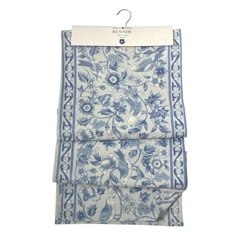 April Cornell Blue Table Runner 16x90 Floral Birds 100% Cotton French Country